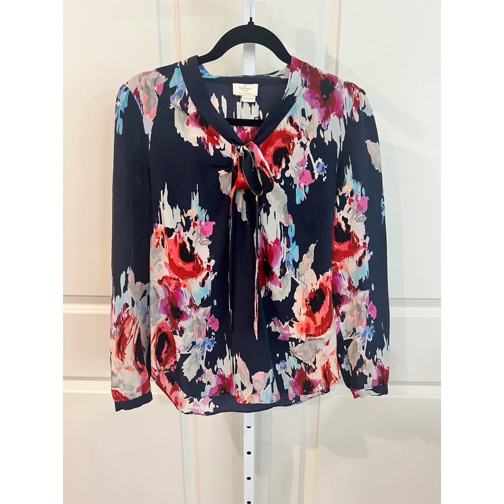 Kate Spade New York Live Colorfully 109% Silk Navy Blue Blouse Small